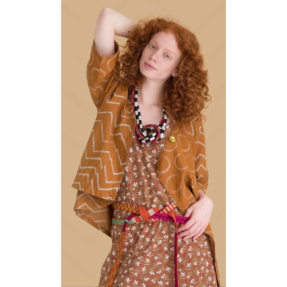 Gudrun Sjoden Mustard Geometric Linen Blend Boxy Button Top Shirt Womens Medium